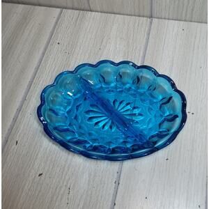 Vtg Indiana Blue Glass Divided Candy Trinket Jewlery Dish Catch All MCM